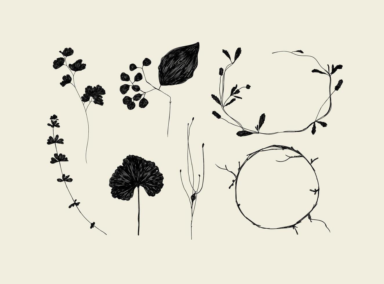 Leaves and branches silhouettes set drawing on beige background vector