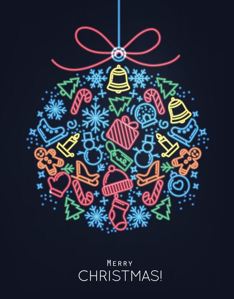Flat Christmas tree toy drawing with thin color lines on black background vector