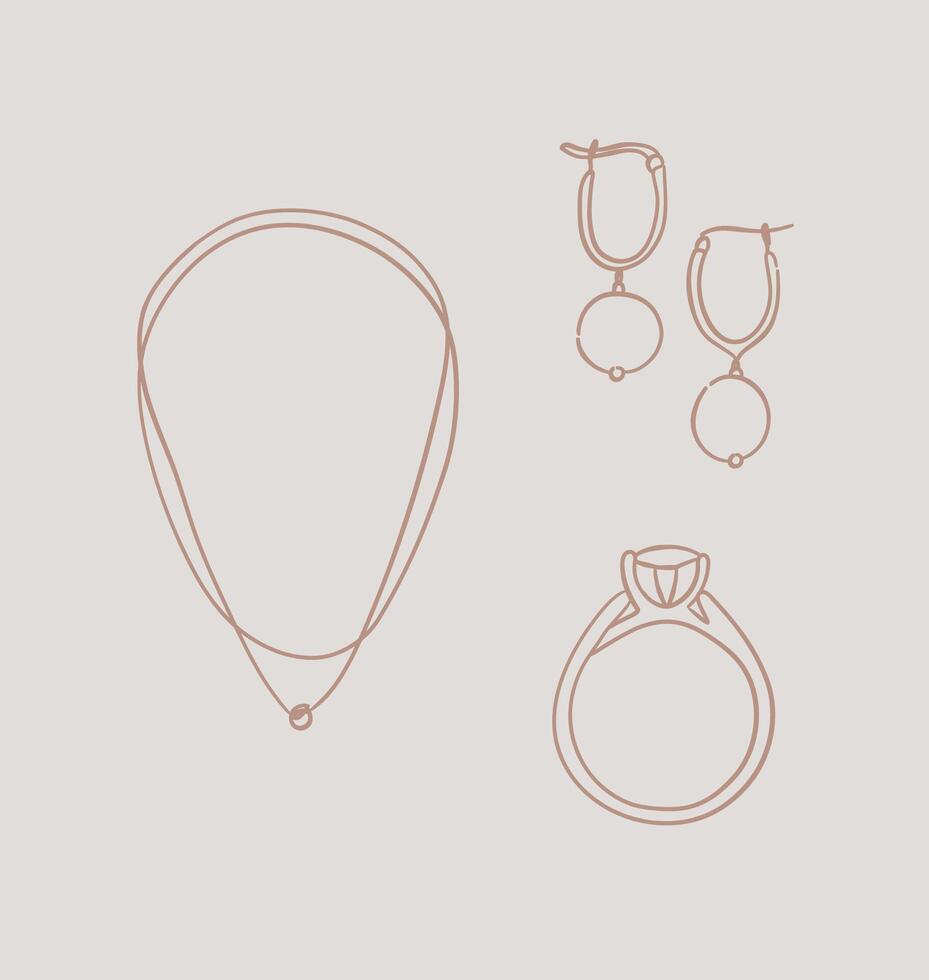 Women jewelry for daily use in handdrawing style on beige color background. vector