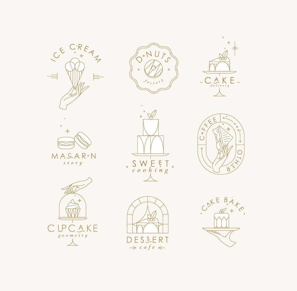 Bakery dessert labels with lettering in art deco style drawing with white on beige background vector