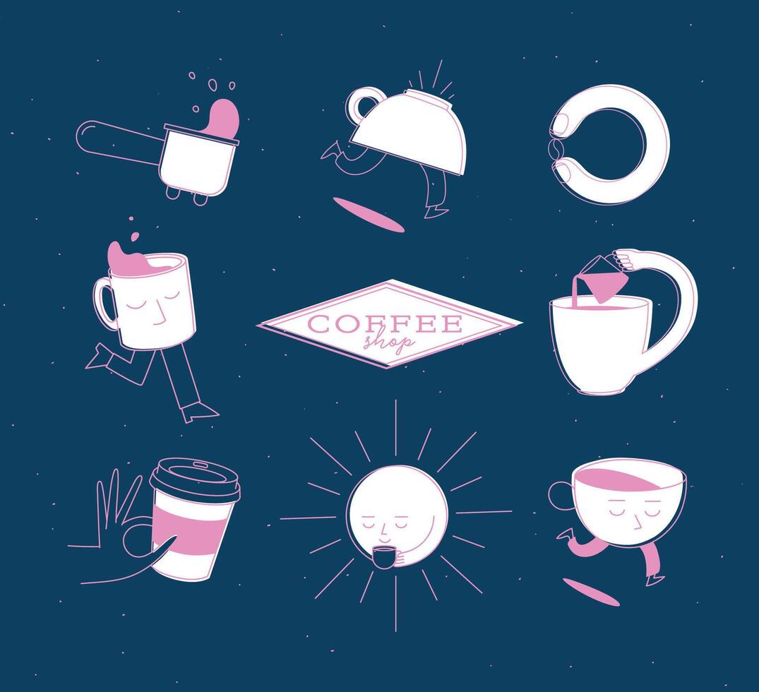 Coffee shop elements bottomless portafilter, running cup, coffee bean, sun, take away, milk jug drawing in cartoon flat line on blue background vector