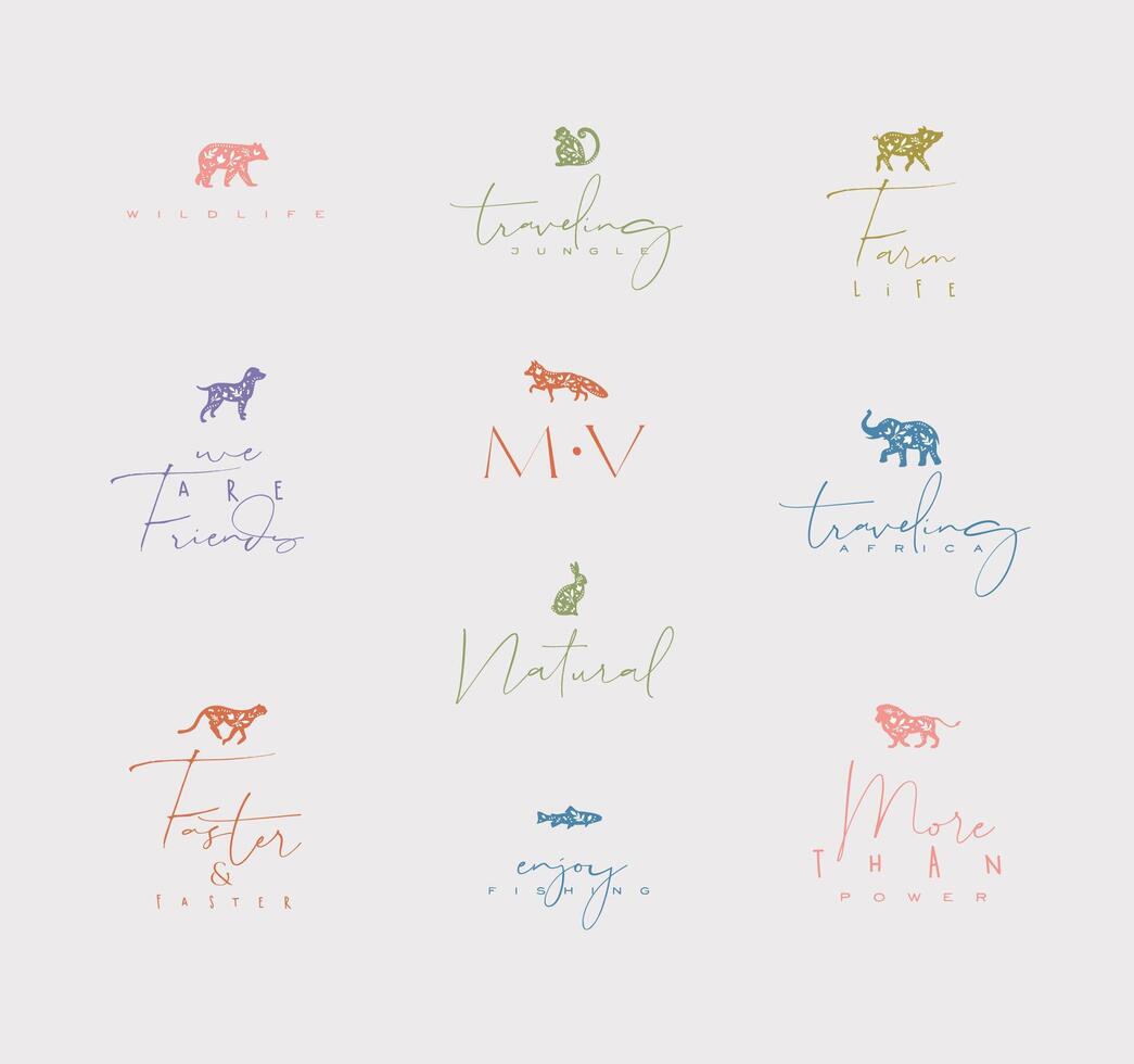 Set of animals mini floral graphic signs bear, fish, monkey, fox, pig, dog, rabbit, elephant, cheetah, lion with lettering drawing with color on dirty background vector