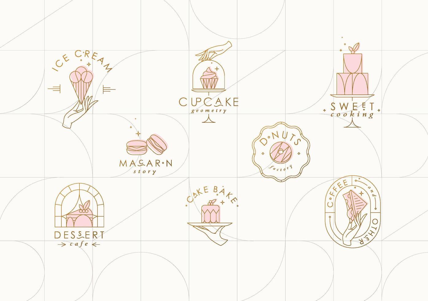 Bakery dessert labels with lettering in art deco style drawing on beige background vector