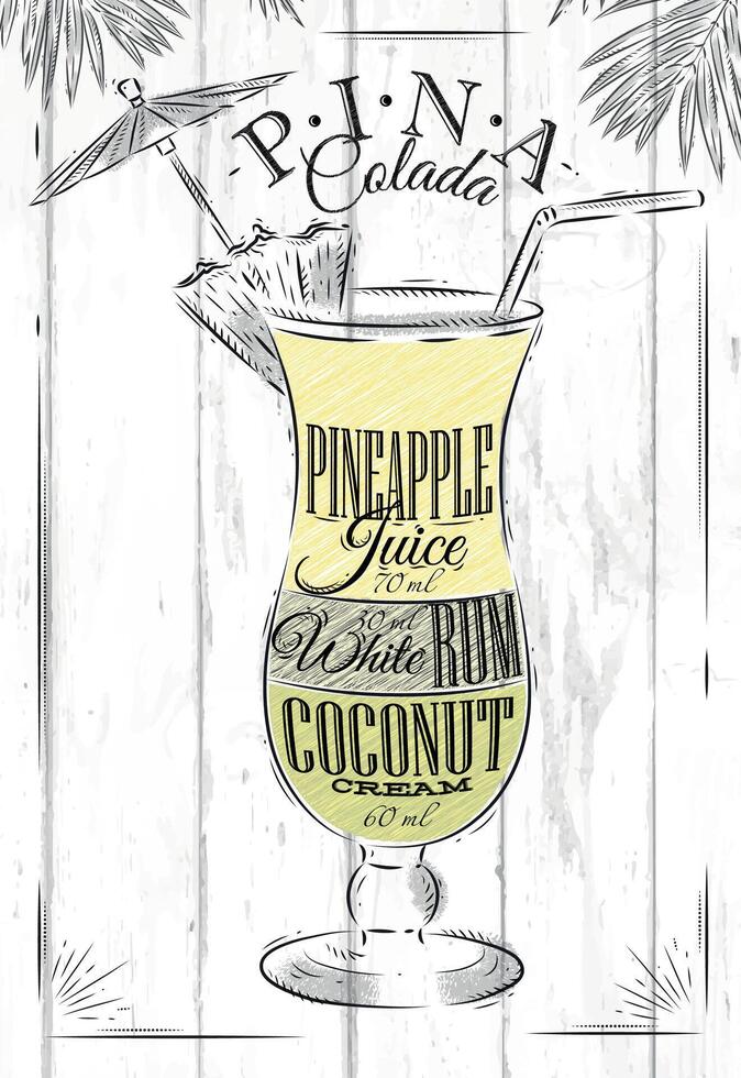 Pina Colada cocktail in vintage style stylized painted on wooden boards vector