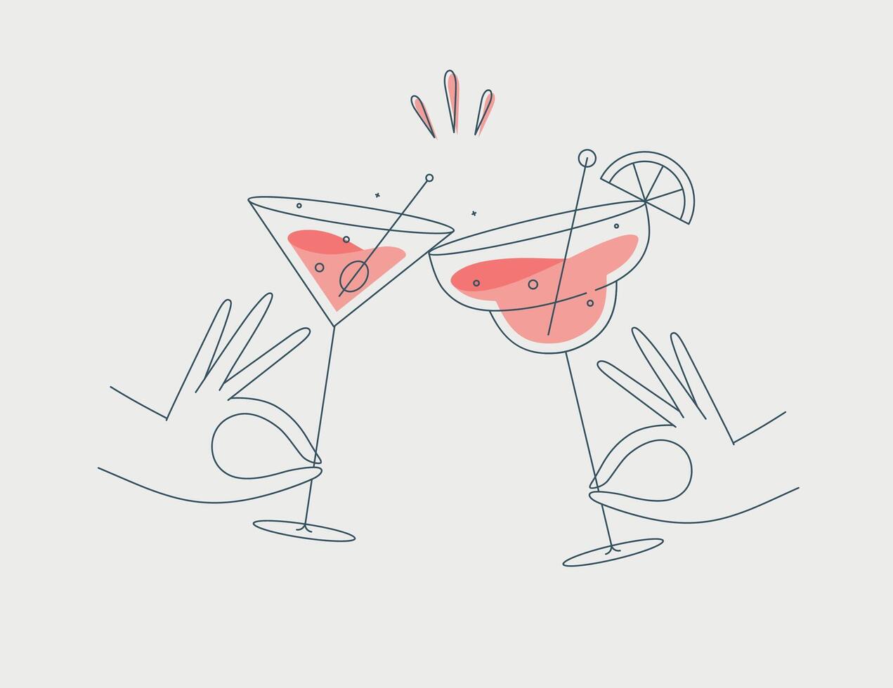 Hand holding margarita and manhattan clinking glasses drawing in flat line style vector