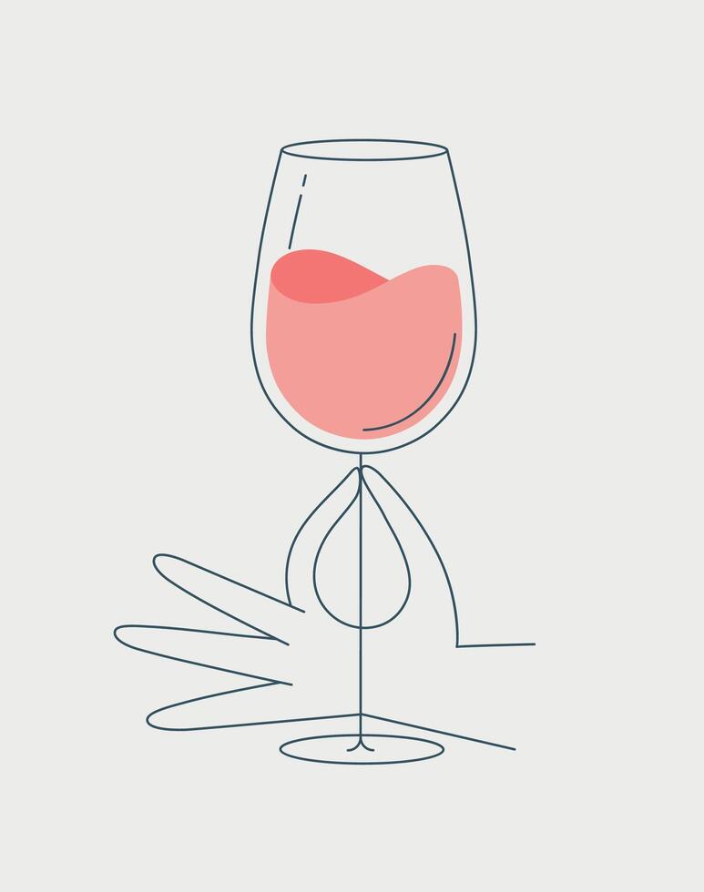 Hand holding glass of wine drawing in flat line style vector