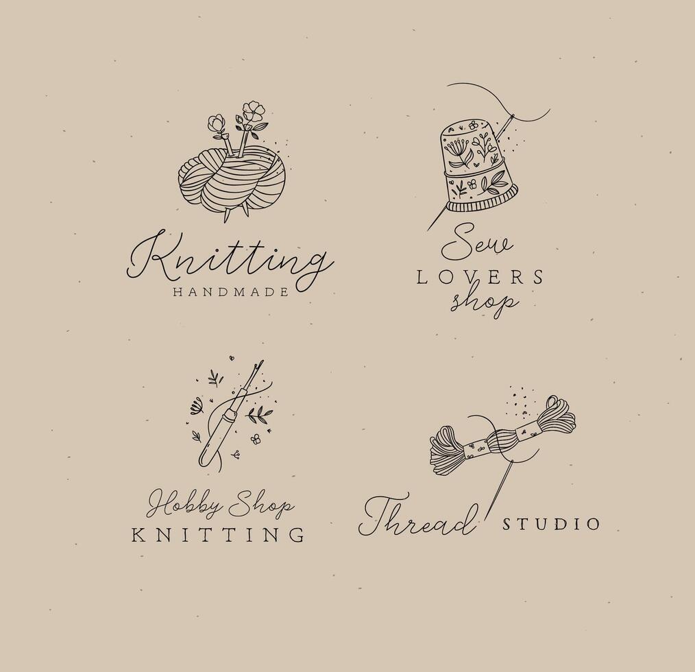 Sewing elements skein of thread, thimble, yarn, wool, crochet with lettering drawing in floral style on coffee color background vector