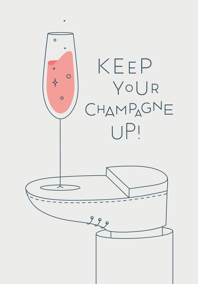 Alcohol poster. Champagne glass with lettering stands on foot drawing in line art style on light background vector