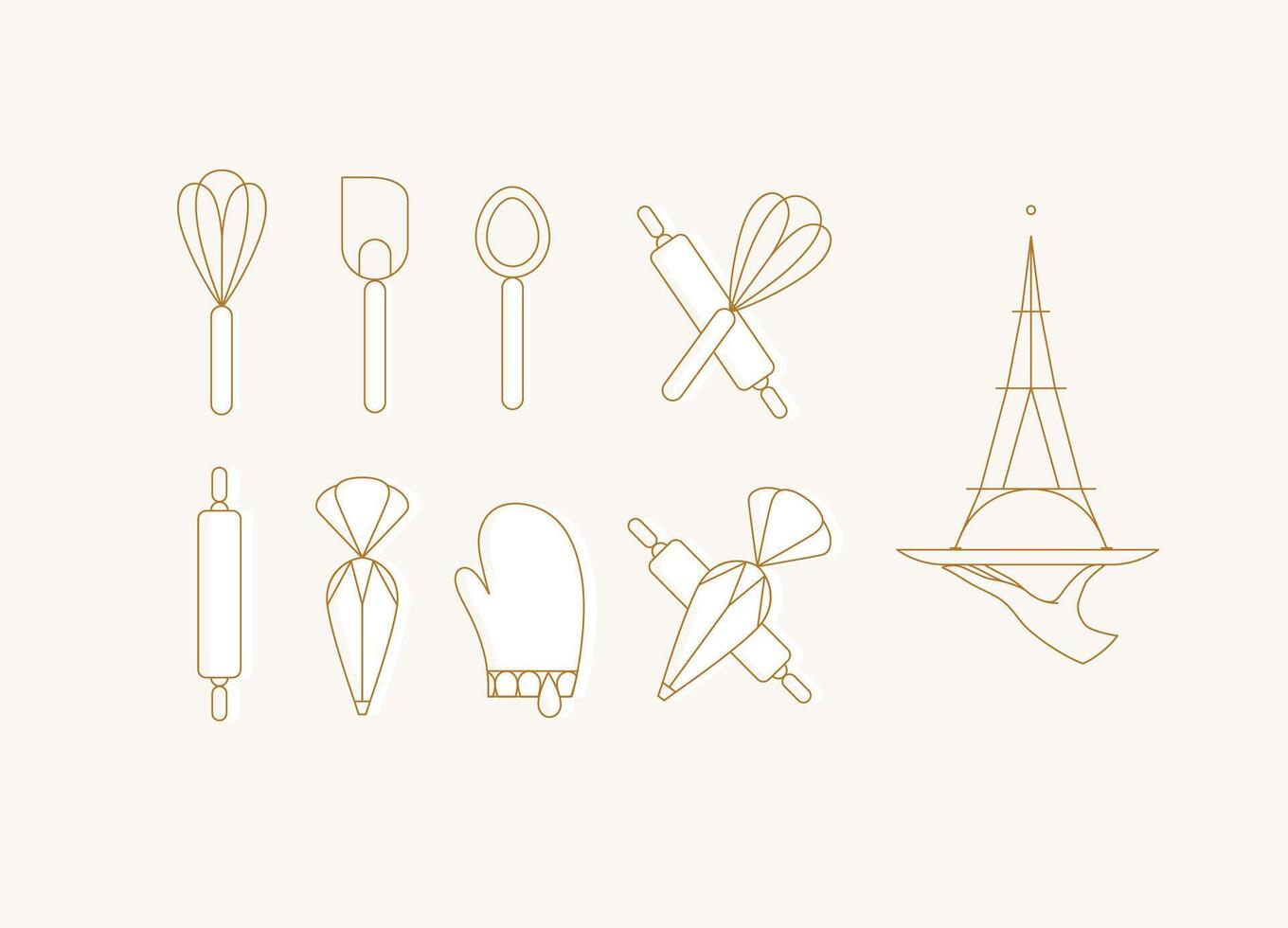 Kitchen utensils in art deco style to prepare bakery products whisk, spatula, measuring spoon, rolling pin, pastry bag, potholder, dish drawing with white on beige background vector
