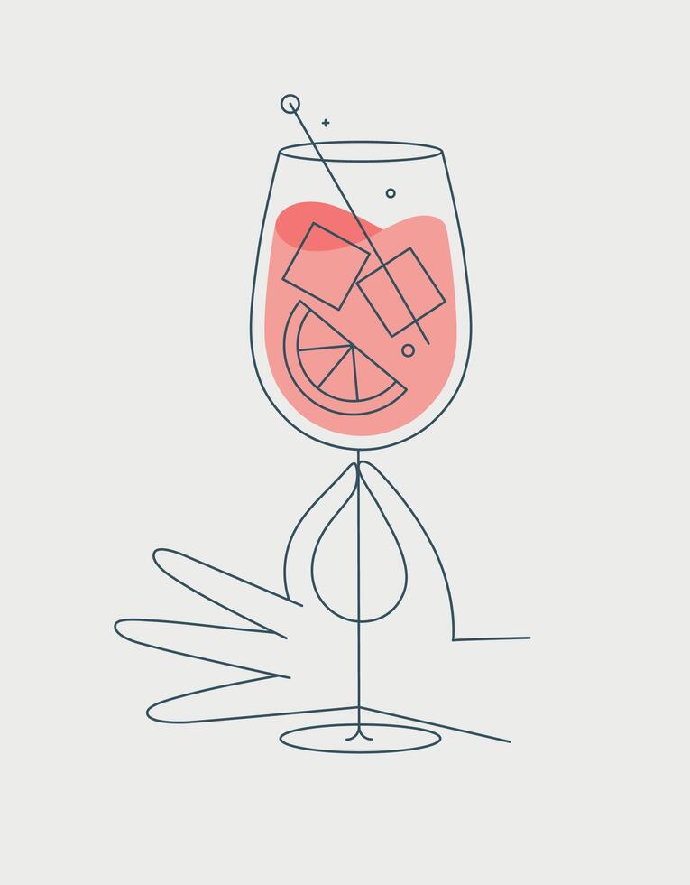 Hand holding glass of spritz cocktail drawing in flat line style vector