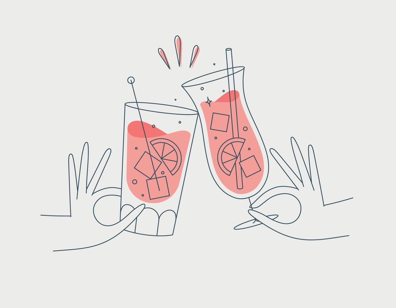 Hand holding pina colada and cuba libre cocktails clinking glasses drawing in flat line style vector