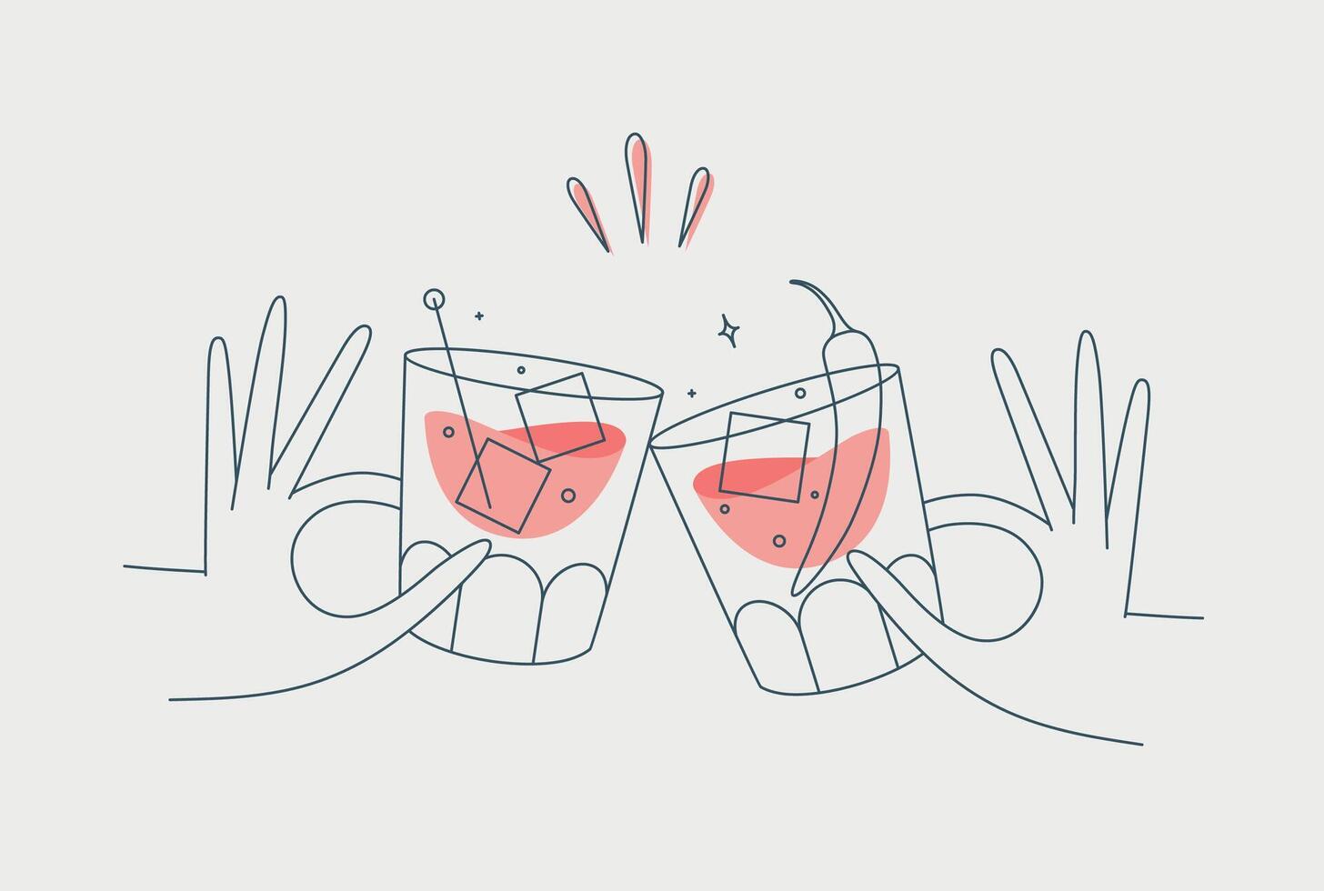 Hand holding whiskey and old fashioned cocktails clinking glasses drawing in flat line style vector