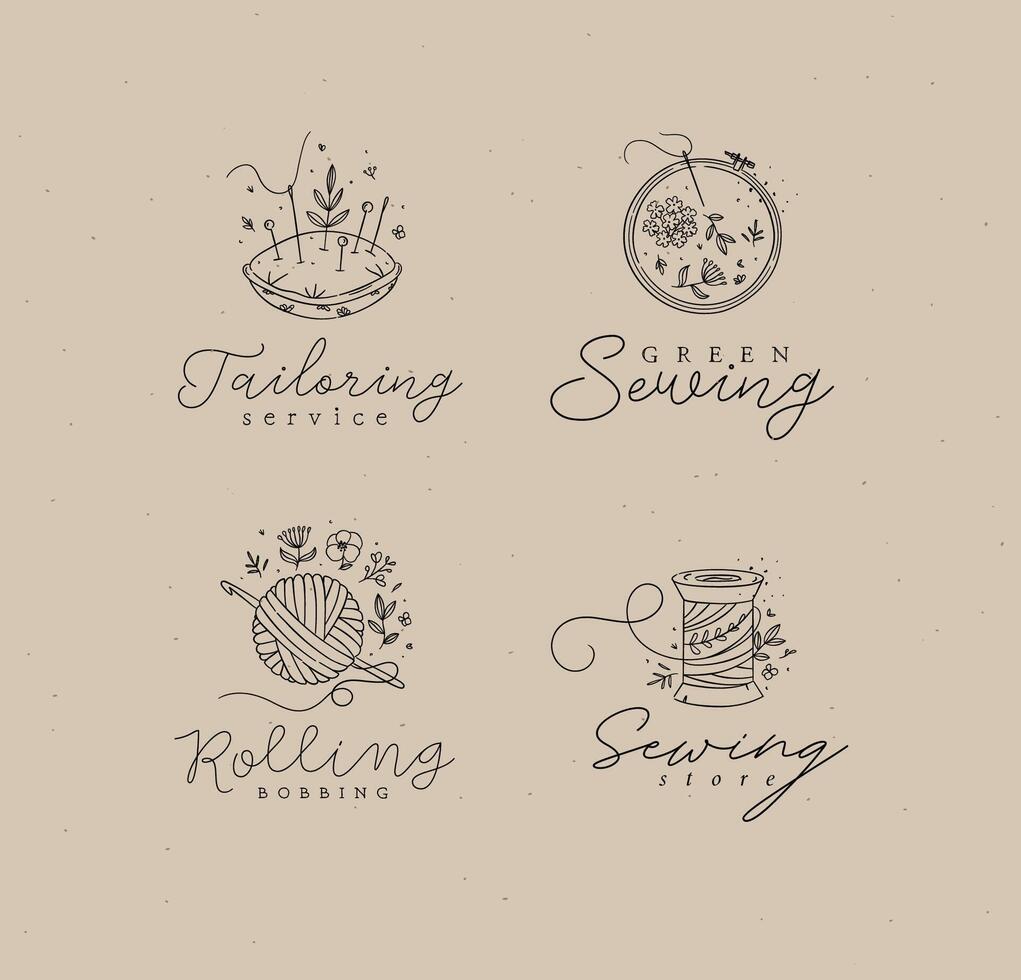 Sewing labels pillow with needles, embroidery circle, ball and skein of thread with lettering drawing in floral style on coffee color background vector