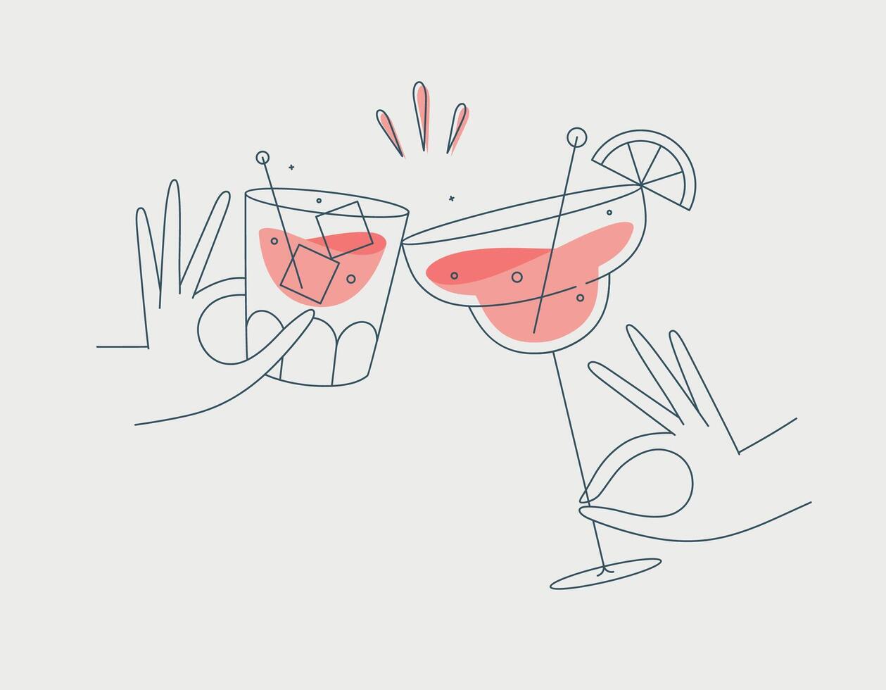 Hand holding whiskey and margarita cocktails clinking glasses drawing in flat line style on beige background vector