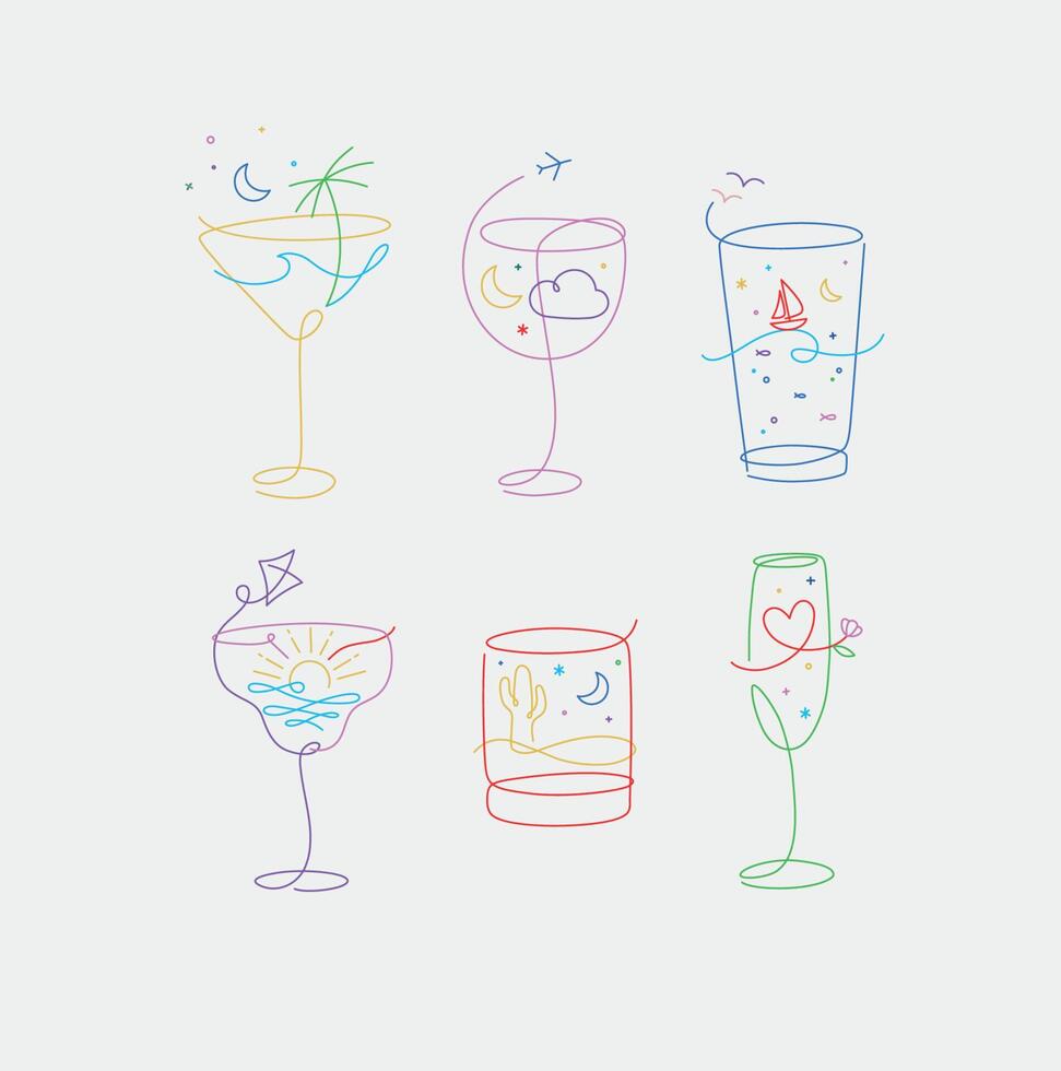 Cocktail glasses vacation holiday theme in line style drawing with color on grey background vector