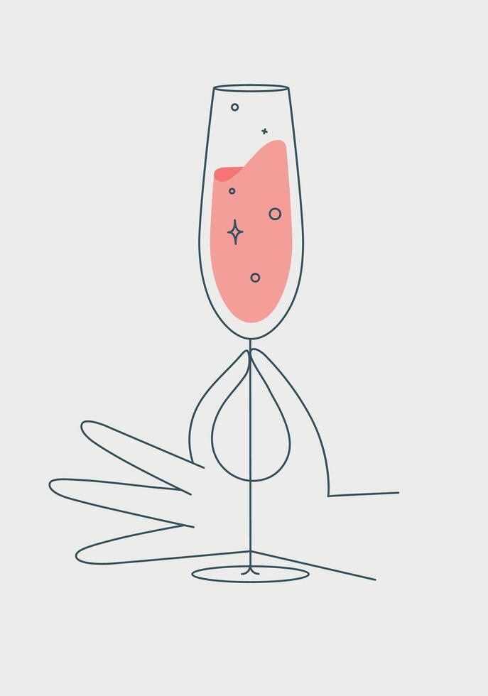Hand holding glass of champagne drawing in flat line style vector