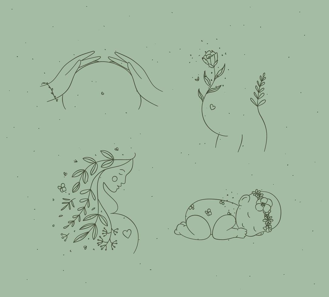 Pregnancy symbols female torso, silhouette of a pregnant woman, sleeping child drawing in floral hand-drawing style on green background vector