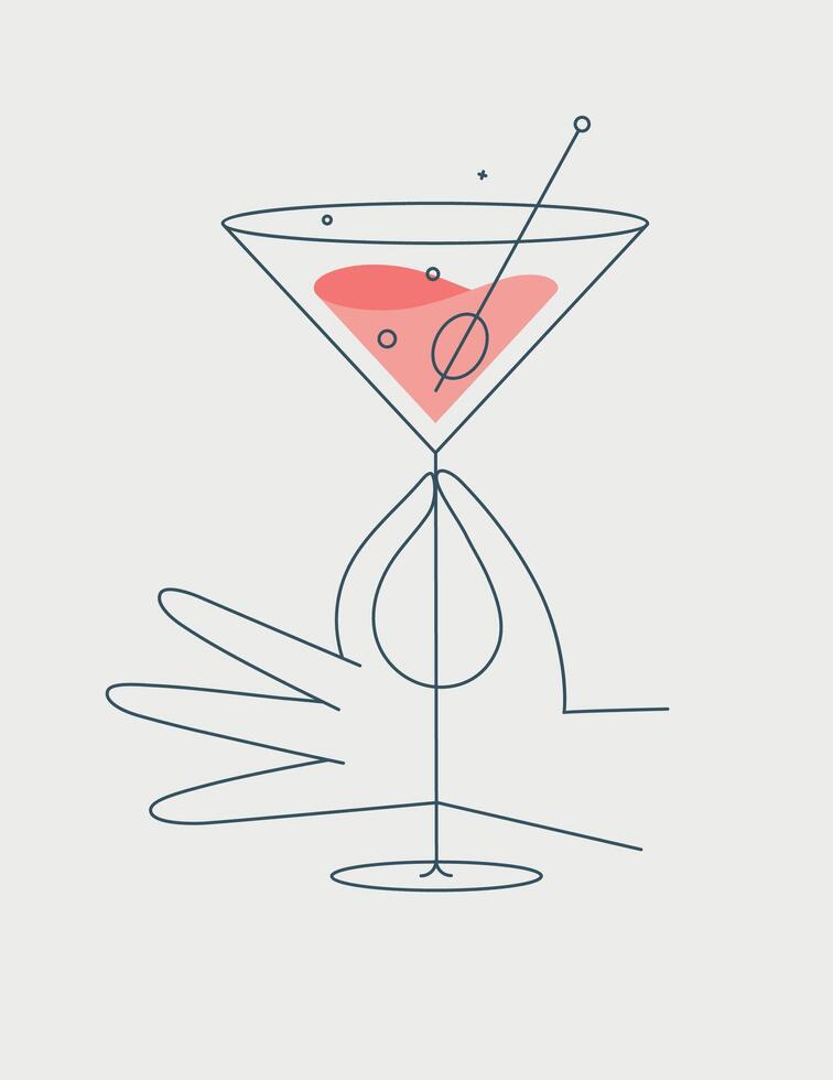 Hand holding glass of cosmopolitan cocktail drawing in flat line style vector