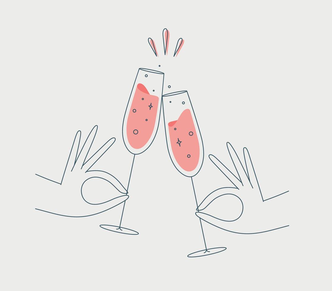 Hand holding champagne clinking glasses drawing in flat line style vector
