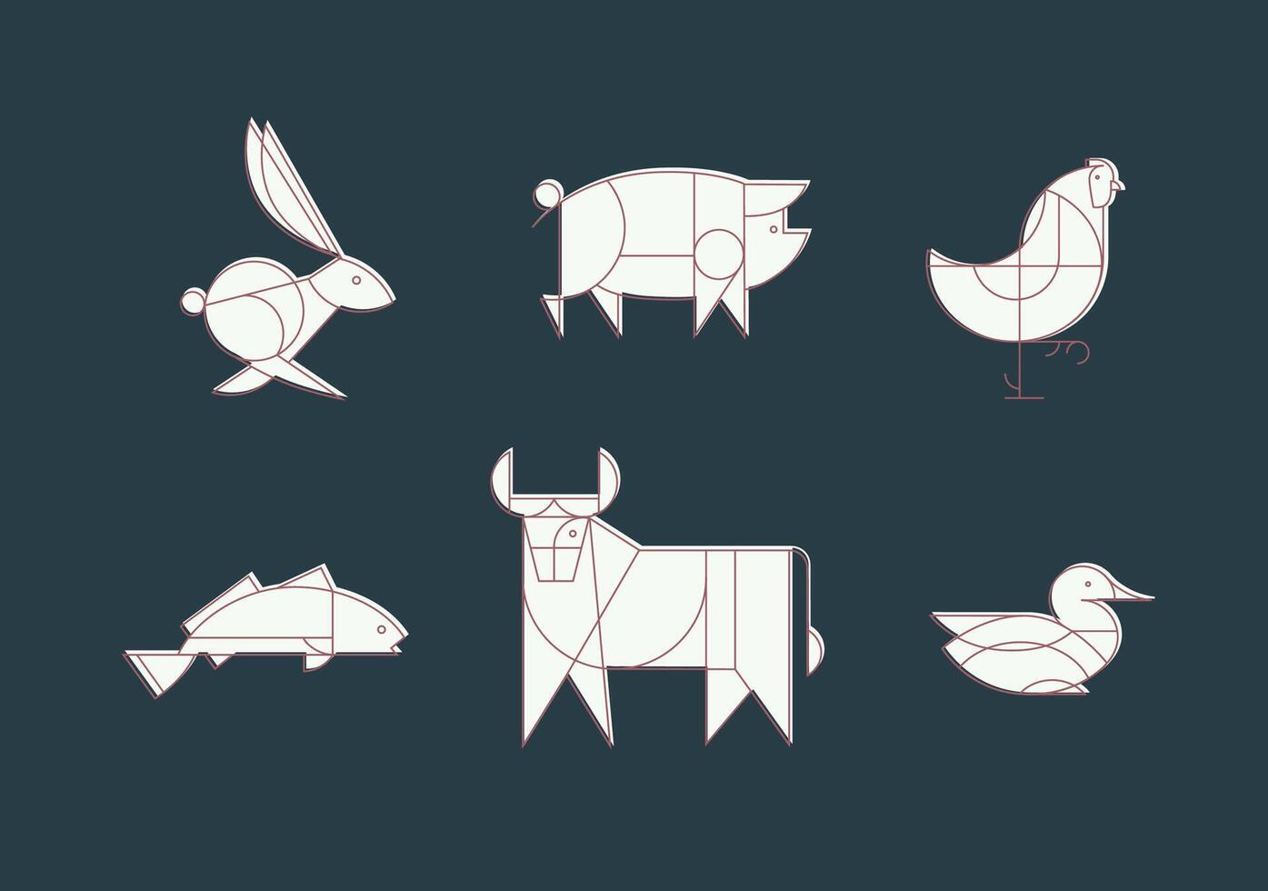 Animals rabbit, pig, chicken, fish, cow, duck drawing in art deco linear style on blue background vector