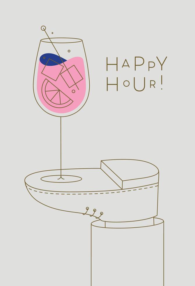 Alcohol poster. Spritz cocktail glass with lettering happy hour stands on foot drawing in line art style on beige background vector