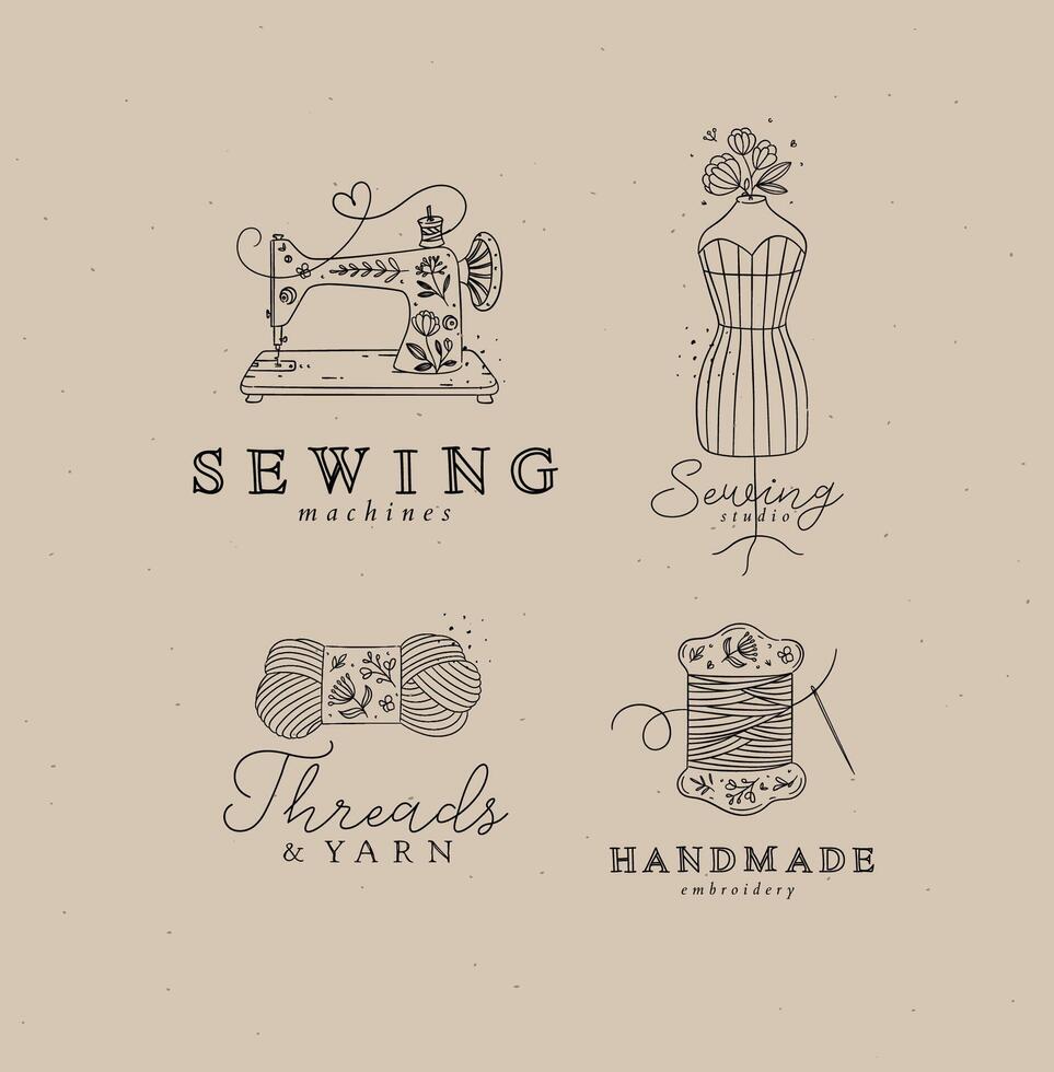 Sewing symbols machine, mannequin, wool, thread with lettering drawing in floral style on coffee color background vector