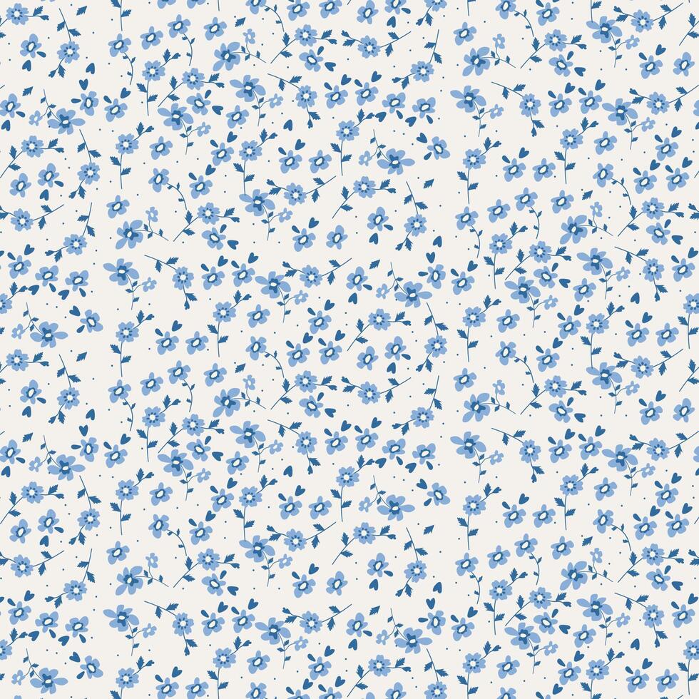 Floral seamless pattern with small blue flowers on a ivory white background vector
