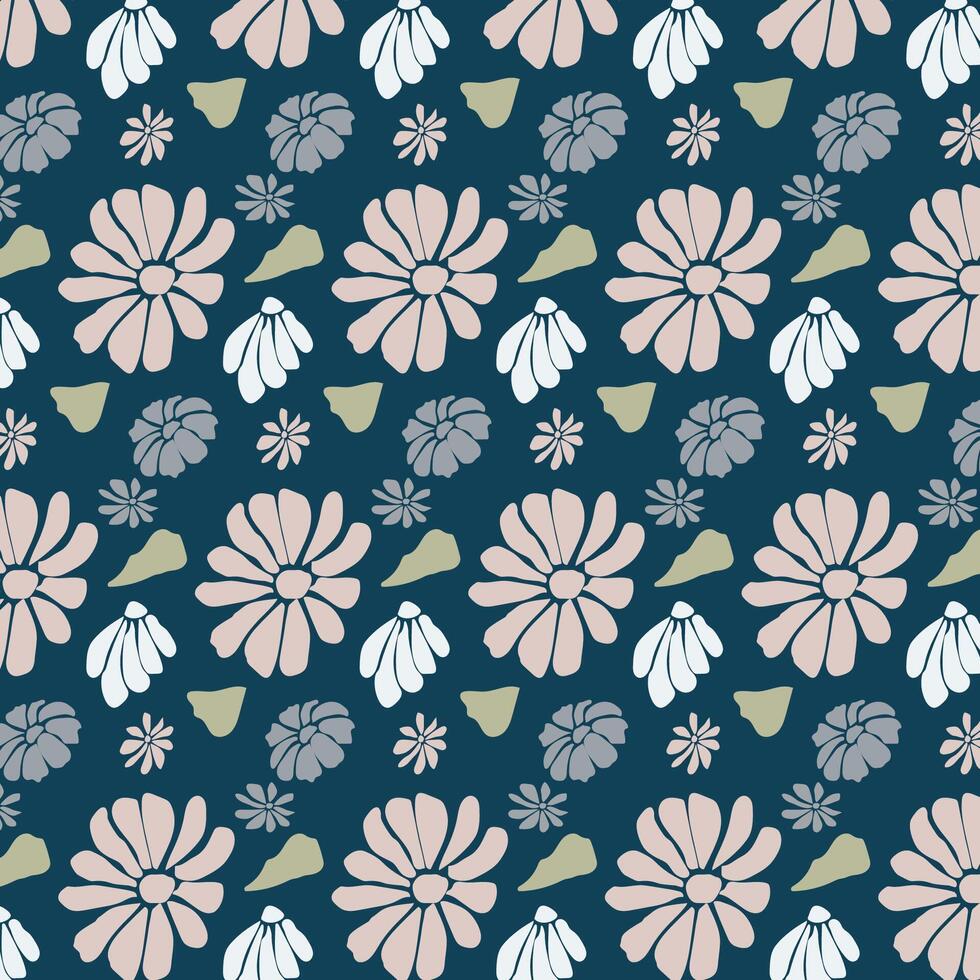 Seamless floral pattern pretty flower and leaves on a blue dark background. vector