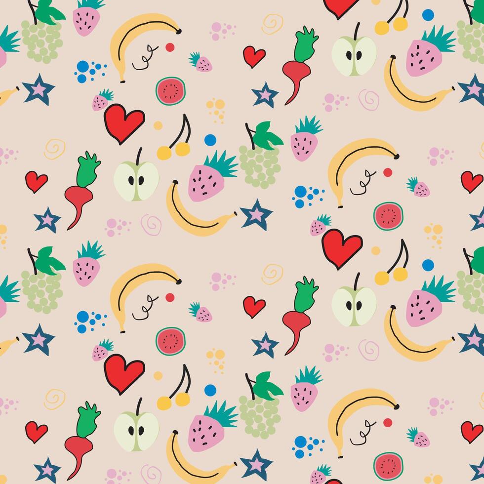 Decorative fruit seamless pattern Juicy watermelons oranges bananas grapes pineapples berries vector