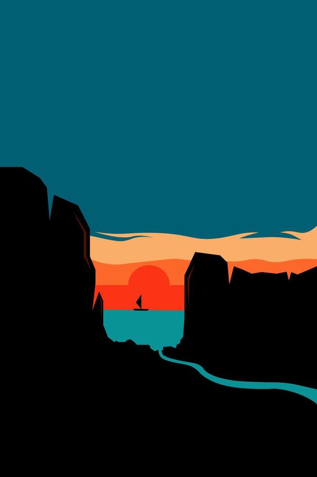 Flat Design Morning Silhouette Landscape With hill and beach vector