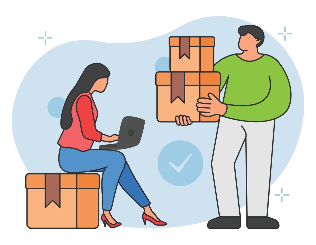Girl working on laptop while checking delivery order illustration vector