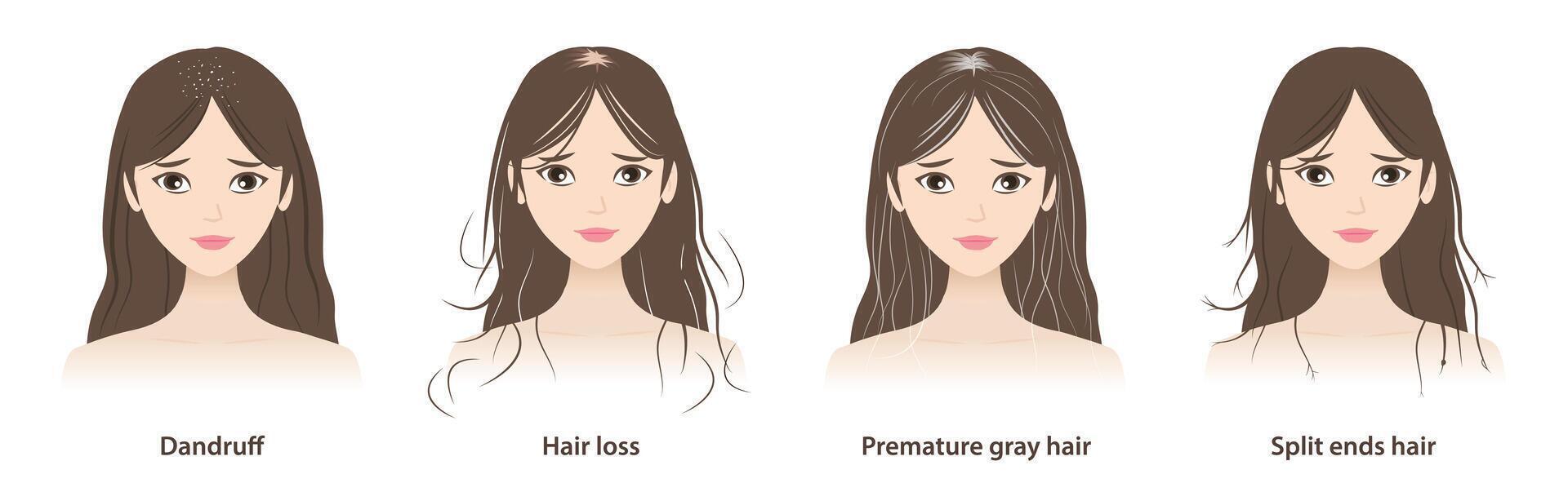 The cute women with hair problems illustration isolated on white background. Dandruff, white dry flaky, scaly scalp, hair loss, alopecia, premature gray hair and split ends hair. vector