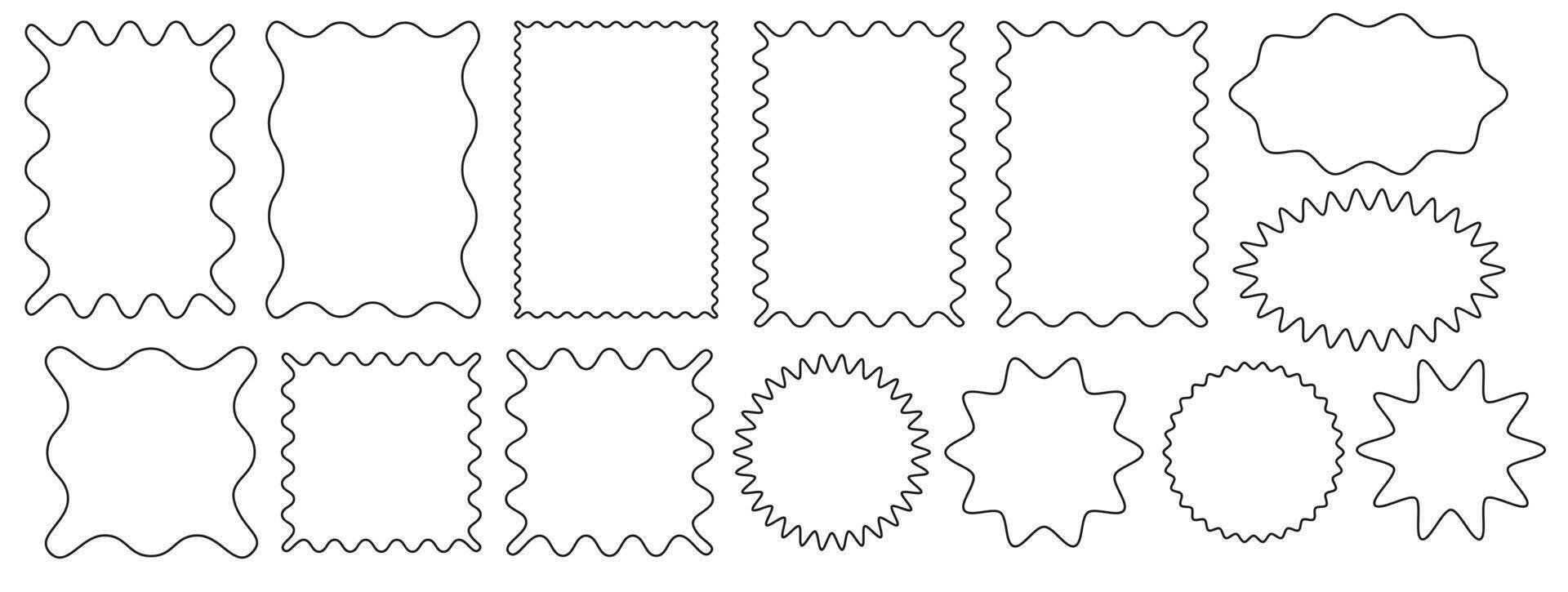 set of groovy curve frame. Drawing doodle wavy border. Circle and rectangle shape. Design outline elements vector
