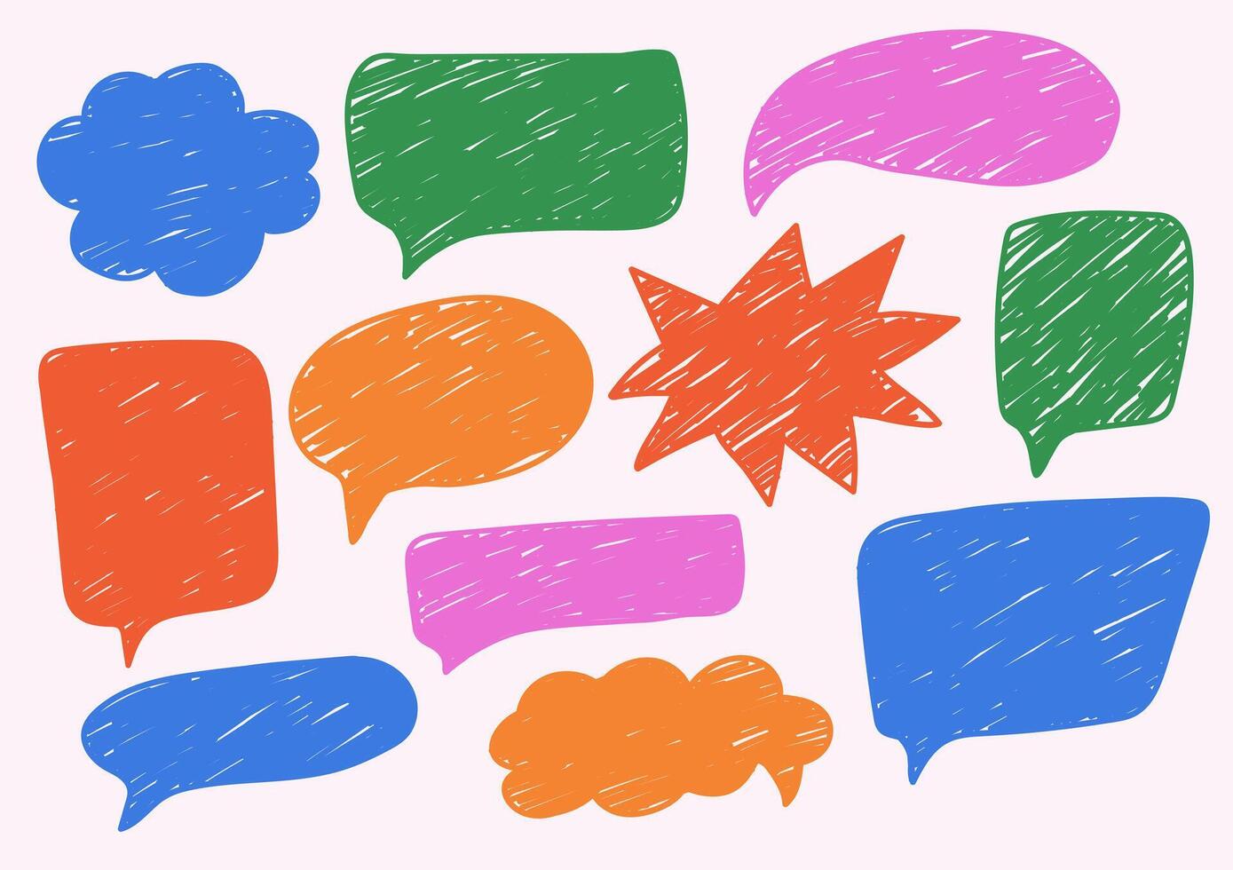 Set of dialog boxes different variants. Colorful textured bubble speech. Dialogue balloon stickers silhouette hand drawn. vector