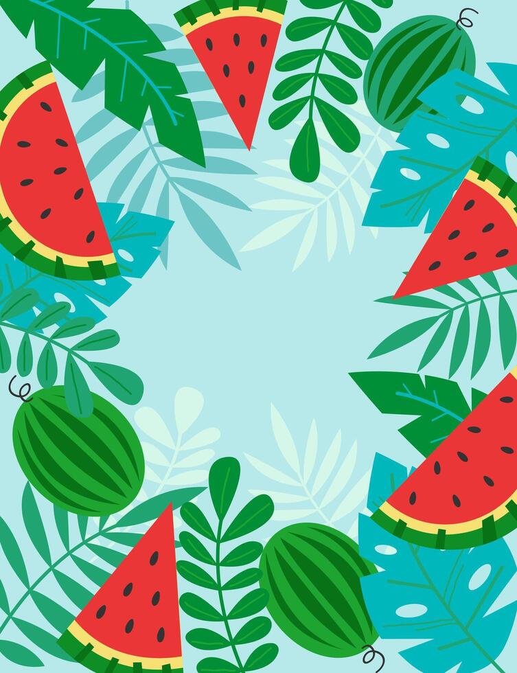 Botanical frame with tropical leaf and piece of watermelon fruit in flat style. Vertical background with plants and leaves. vector