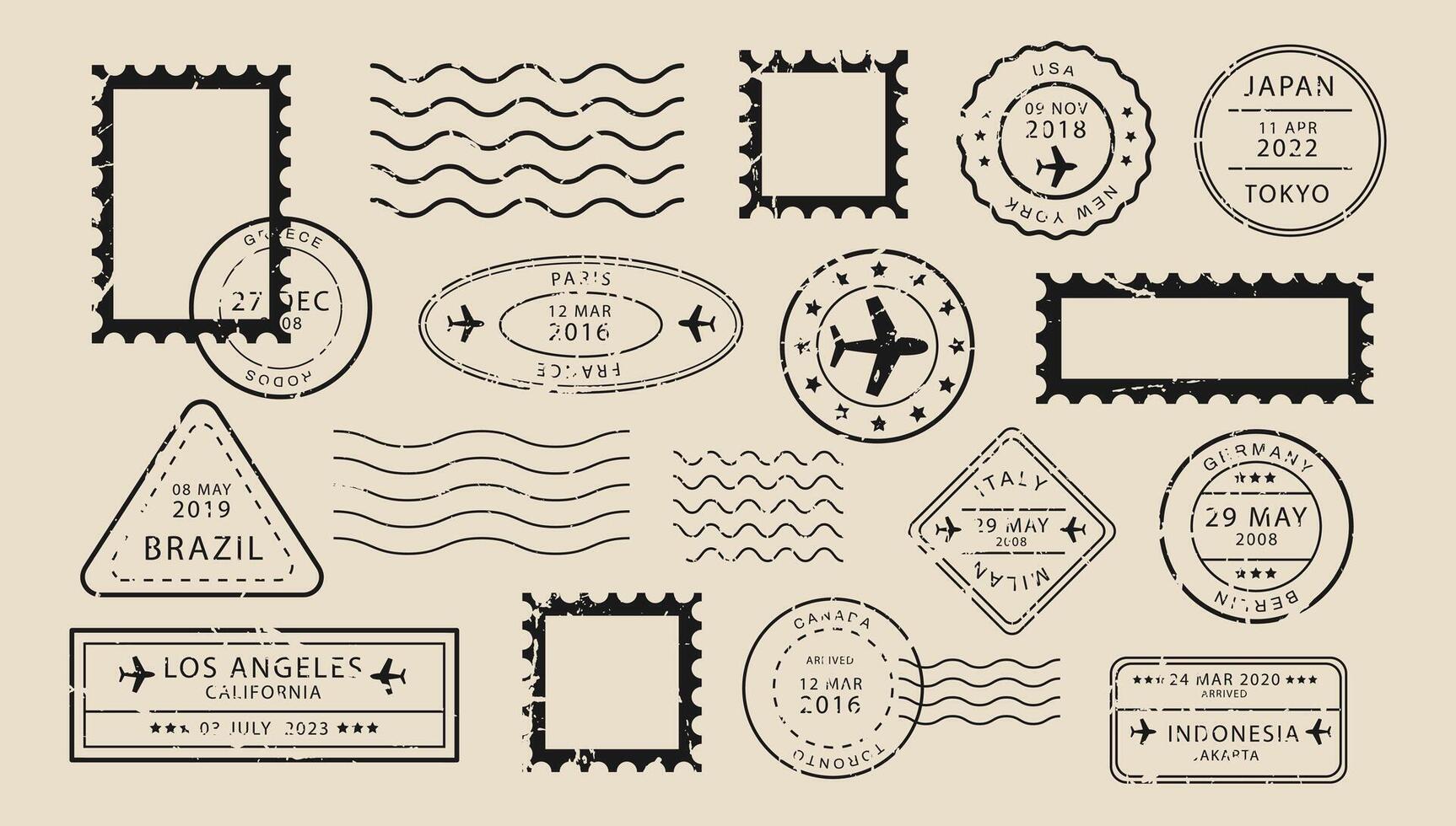 International Travel Grunged Stamps. Stamp different mail delivery postmark. Textured airplane postmarks on brown background.. vector