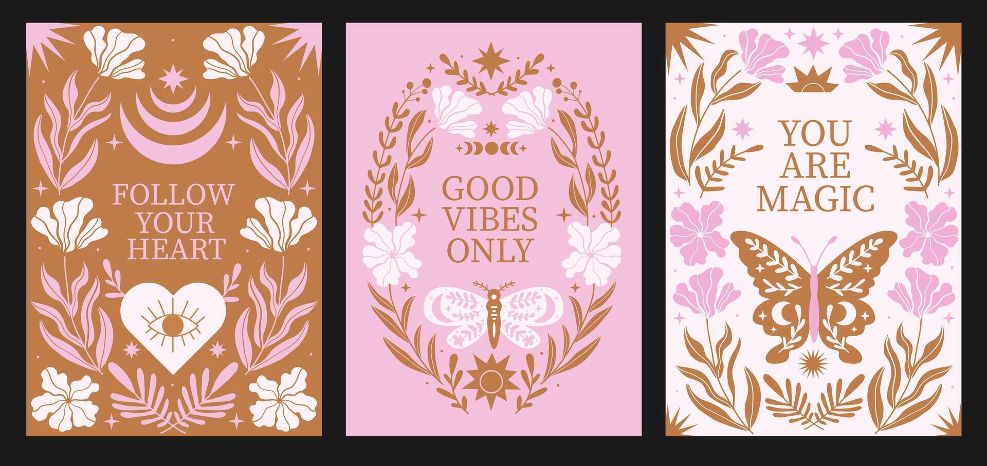 Abstract bohemian mystic background with motivational phrase. Set of poster with magic butterfly branch plant. Pink and gold colors vector