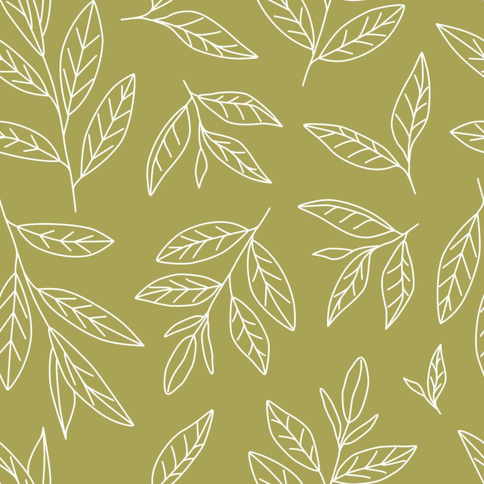 Linear hand-drawn tea leaves seamless pattern. Line art sketch of tea branches. Green and black tea. Doodle botanicals. Plant. Nature. Background, wallpaper, digital paper. vector