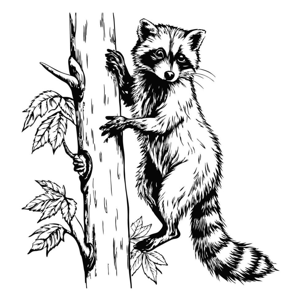 Sketch of a raccoon climbing a tree, on a white background vector