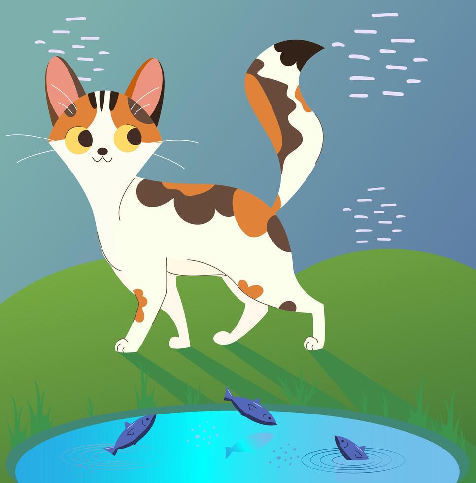 Cute Cat is walking near a Water pond, fish are swimming in the water. Flat illustration simple vector