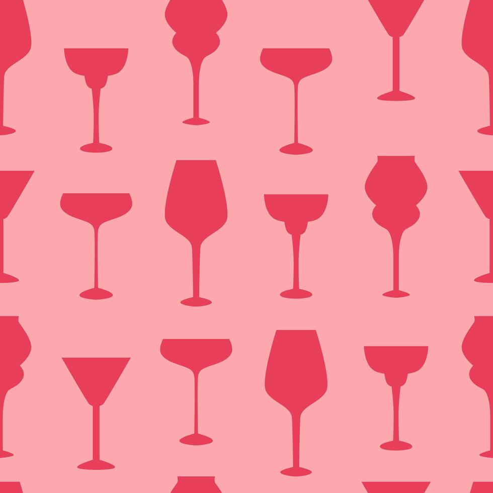 Pink wine glasses seamless pattern. Icons and doodles. Minimalistic silhouettes of crystal glasses and goblets. Wine tasting. Sommelier. Party, celebration time. Background, wallpaper, digital paper vector