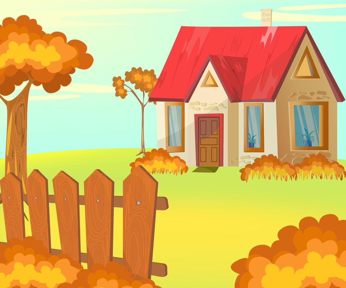 Autumn Cottage among trees, clearing and wooden fence in the foreground House in the countryside., Blue sky. Cartoon horizontal illustration. Gold atmosphere vector