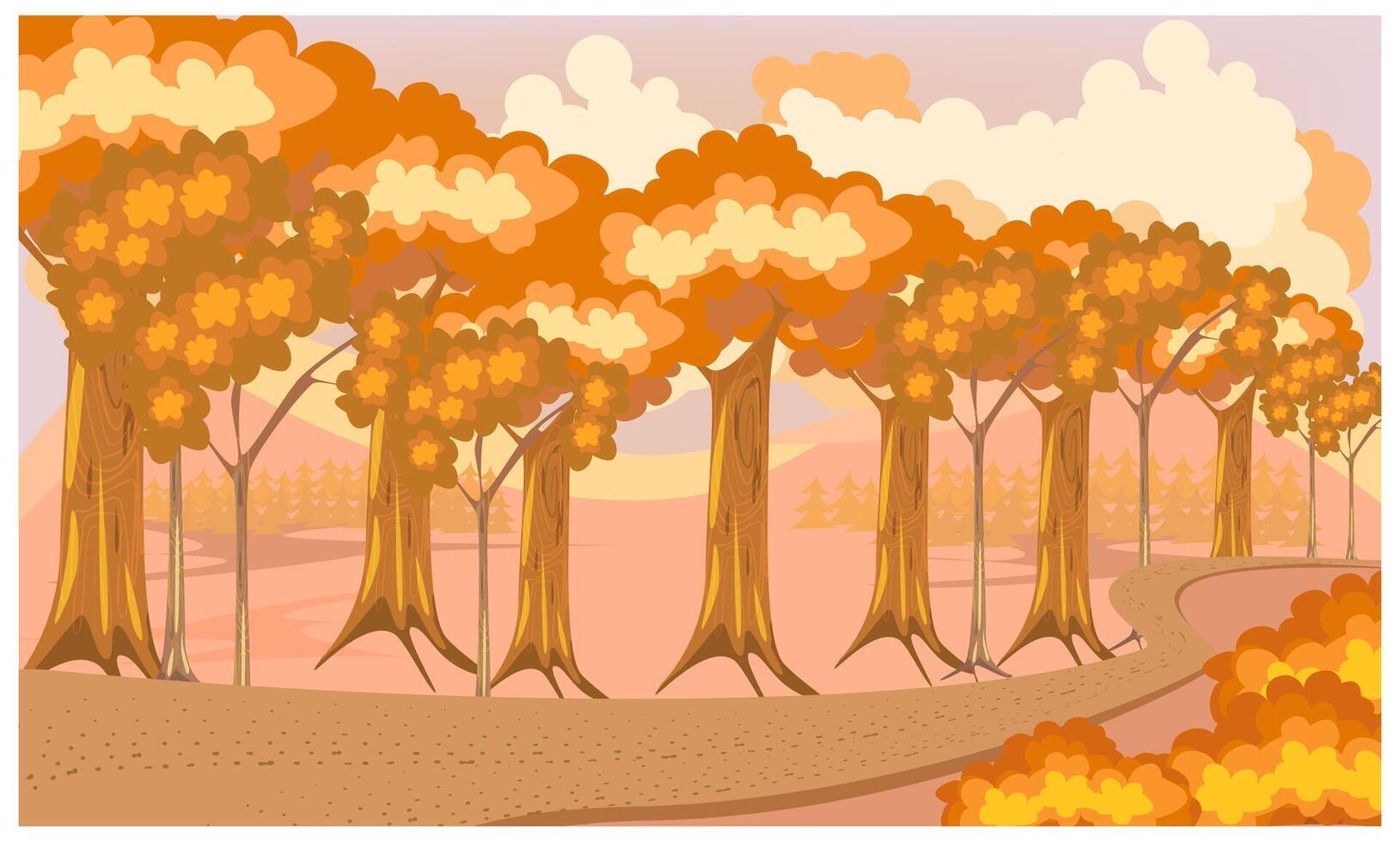 Landscape of forest path in autumn with orange gold trees. Background illustration in vector