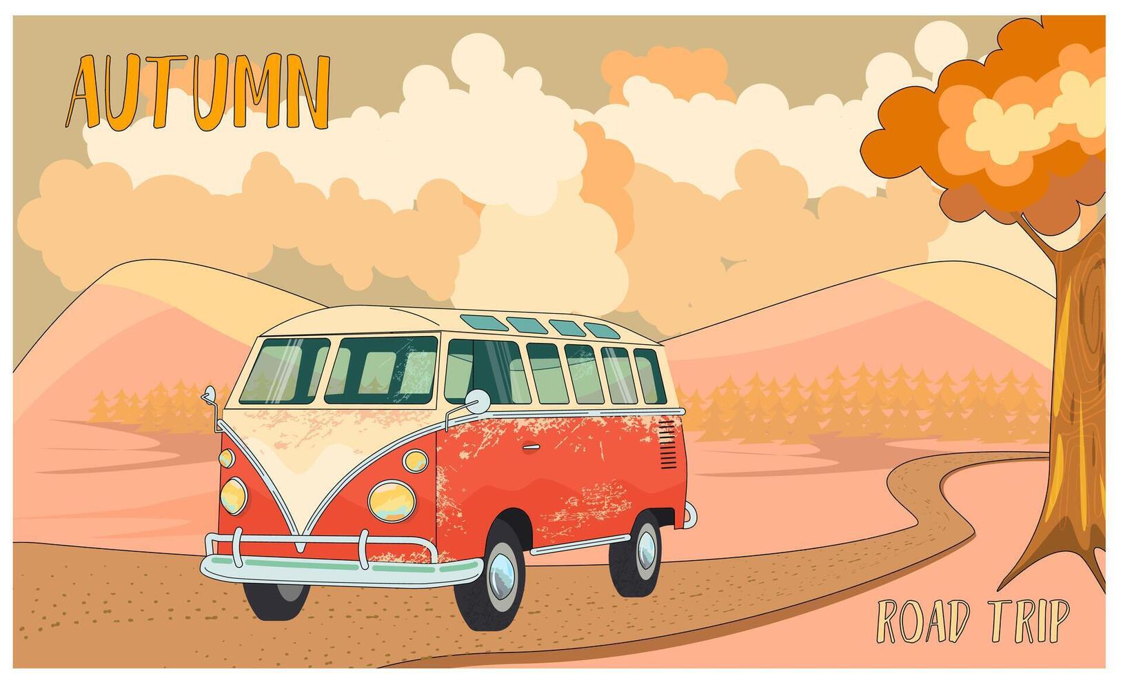 Autumn Postcard with Mountain Landscape. Retro Red Bus is passing along a Country Road. Cozy Sunset, golden hour atmosphere. Vintage car with scuffs. Seasonal Postcard text road trip. Banner for print vector