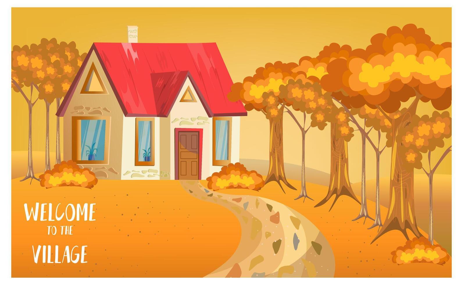House with Red roof and large windows. background of golden trees, lawn with path. Postcard text Welcome to the Village. illustration vector