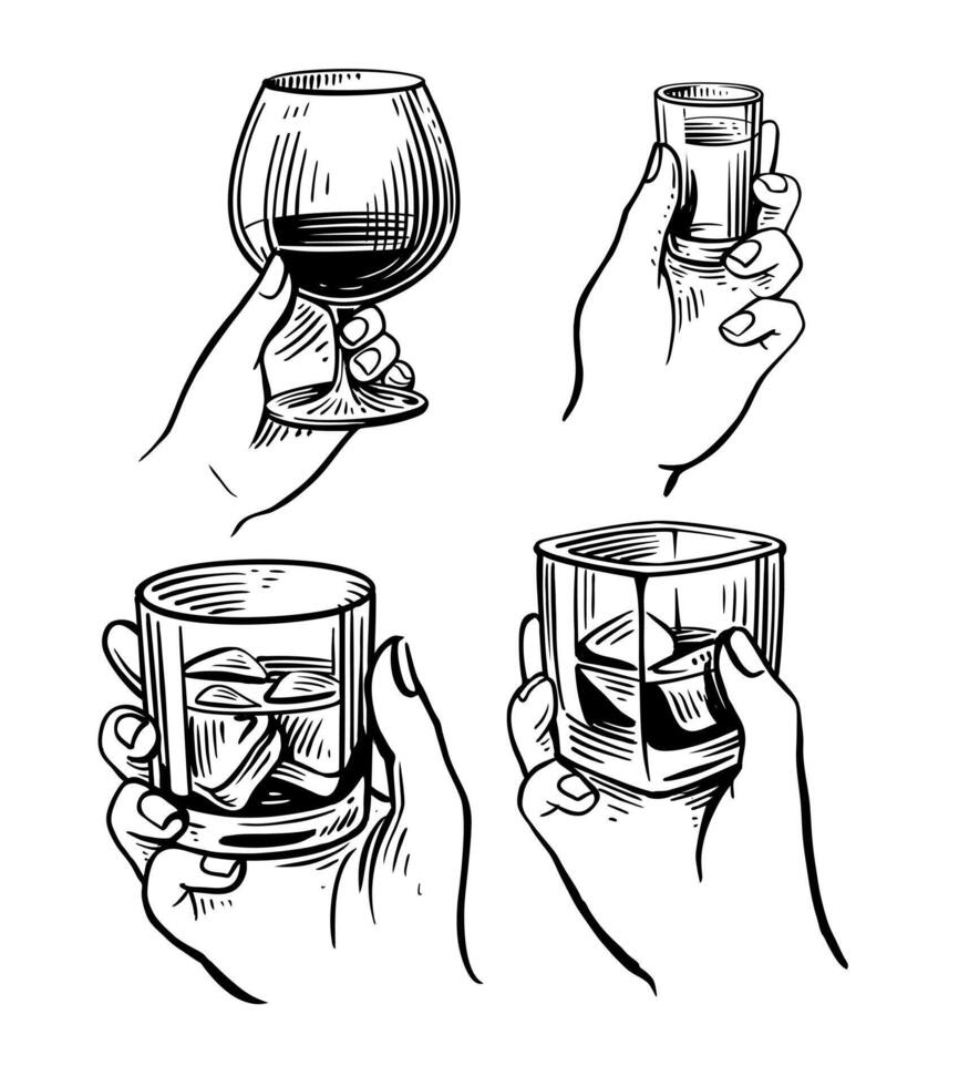 Hands holding various glasses. Whiskey and cognac vector