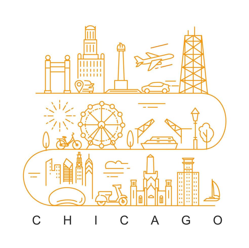 Chicago minimal style City Outline Skyline with Typographic. cityscape with famous landmarks. Illustration for prints on bags, posters, cards. vector