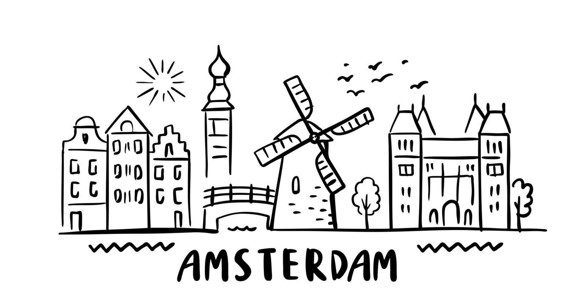 Amsterdam sketch City Skyline with Typographic. cityscape with famous landmarks. Illustration for prints on bags, posters, cards. vector