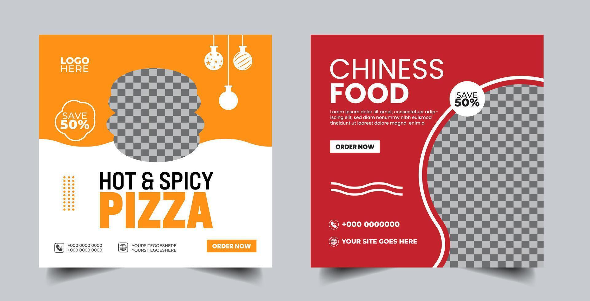 Food social media banner design template. Burger social media post banner. delicious fast food burger pizza social media marketing banner Square size. vector