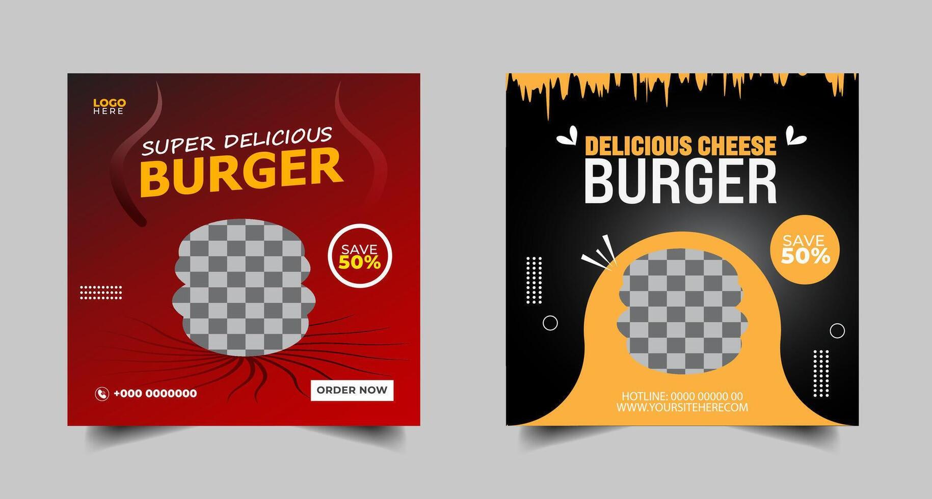 Food social media banner design template. Burger social media post banner. delicious fast food burger pizza social media marketing banner Square size. vector